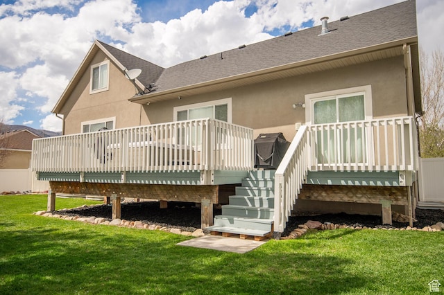 53 W 300 S, Midway, UT 84049 - rear view of house with a deck, stucco siding, roof with shingles, a lawn, and stairway