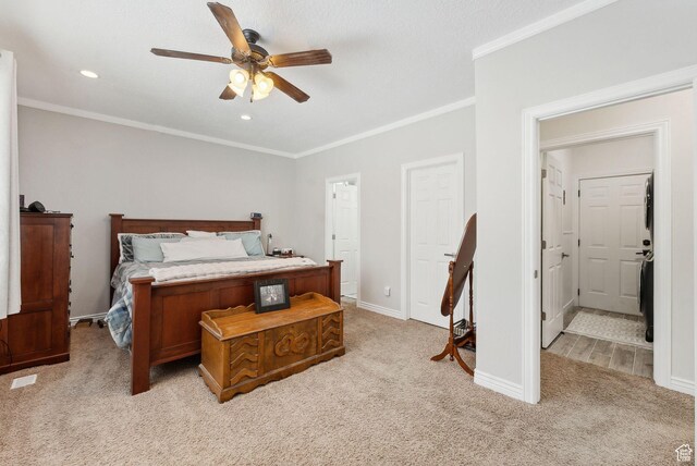 53 W 300 S, Midway, UT 84049 - bedroom featuring baseboards, ceiling fan, light carpet, and crown molding