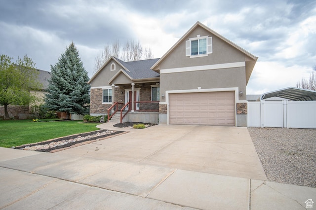 53 W 300 S, Midway, UT 84049 - craftsman house featuring driveway, stone siding, a gate, stucco siding, and a front lawn