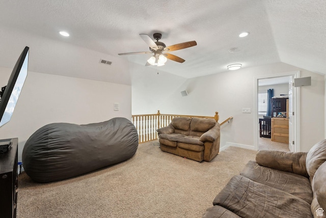53 W 300 S, Midway, UT 84049 - carpeted living room featuring recessed lighting, ceiling fan, visible vents, vaulted ceiling, and a textured ceiling