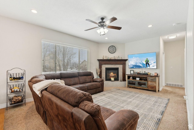 53 W 300 S, Midway, UT 84049 - living area featuring recessed lighting, a tile fireplace, light colored carpet, ceiling fan, and visible vents