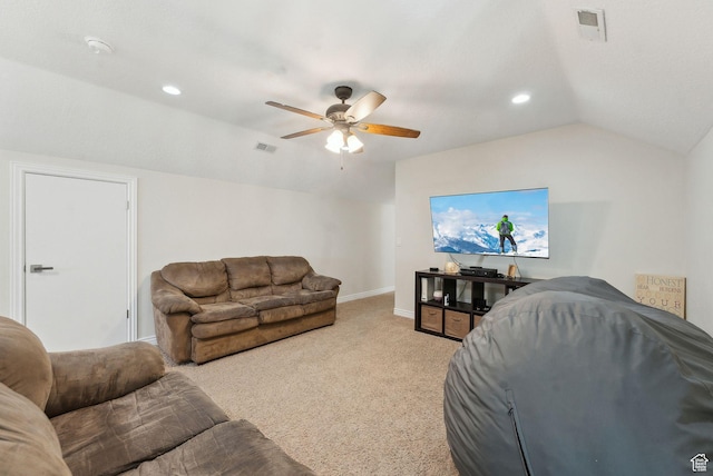 53 W 300 S, Midway, UT 84049 - carpeted living room with lofted ceiling, visible vents, a ceiling fan, and baseboards