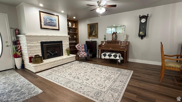 379 W 400 N Unit 7, Bountiful, UT 84010 - living room with recessed lighting, wood finished floors, ceiling fan, a stone fireplace, and baseboards