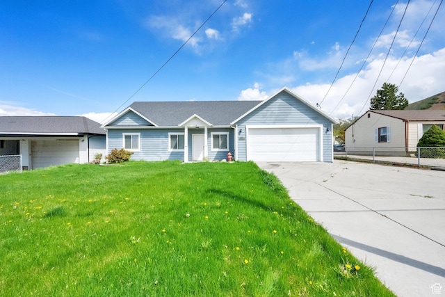 ranch-style house featuring fence, a front lawn, concrete driveway, and an attached garage