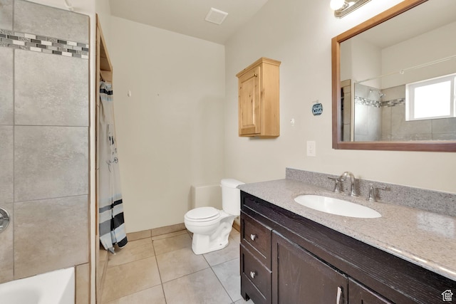 bathroom with toilet, tile patterned flooring, and vanity