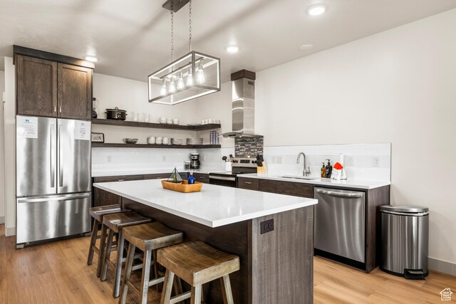 140 W 150 S Unit H29, Garden City, UT 84028 - kitchen with a sink, open shelves, dark brown cabinetry, wall chimney range hood, and appliances with stainless steel finishes