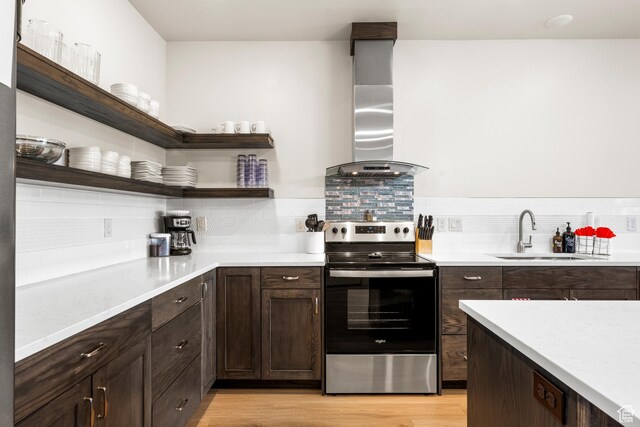 140 W 150 S Unit H29, Garden City, UT 84028 - kitchen featuring wall chimney range hood, decorative backsplash, open shelves, a sink, and stainless steel range with electric cooktop