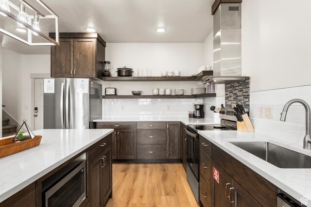 140 W 150 S Unit H29, Garden City, UT 84028 - kitchen with open shelves, a sink, island range hood, stainless steel appliances, and dark brown cabinets