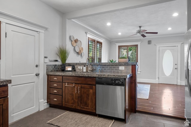447 E Westminster Ave S, Salt Lake City, UT 84115 - kitchen featuring dishwasher, a sink, a peninsula, ceiling fan, and crown molding