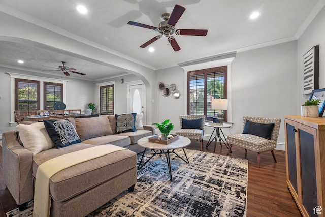 447 E Westminster Ave S, Salt Lake City, UT 84115 - living room featuring a ceiling fan, arched walkways, wood finished floors, recessed lighting, and baseboards