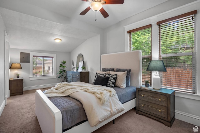 447 E Westminster Ave S, Salt Lake City, UT 84115 - bedroom featuring carpet floors, electric panel, baseboards, vaulted ceiling, and a ceiling fan