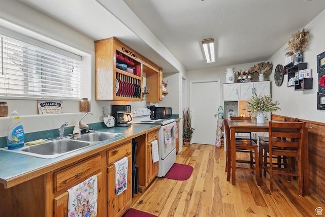 2490 S State St, Springville, UT 84663 - kitchen featuring open shelves, a sink, light wood-style floors, white electric stove, and brown cabinetry