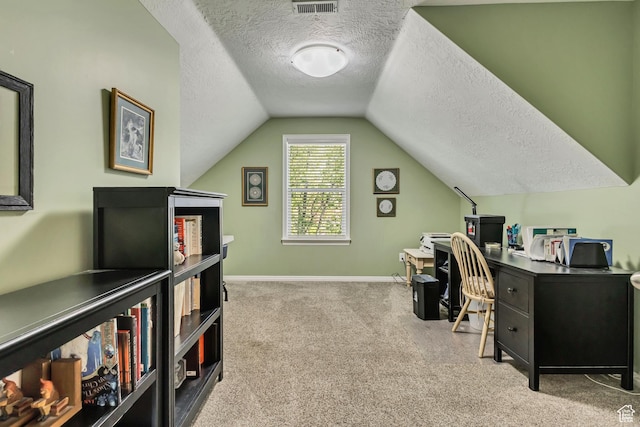 4352 W Degray Dr S, South Jordan, UT 84009 - carpeted office with baseboards, visible vents, a textured ceiling, and lofted ceiling