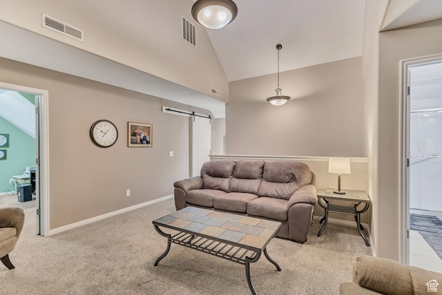 4352 W Degray Dr S, South Jordan, UT 84009 - carpeted living room with visible vents, high vaulted ceiling, and a barn door