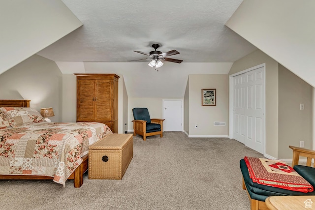 4352 W Degray Dr S, South Jordan, UT 84009 - bedroom featuring carpet floors, baseboards, visible vents, a ceiling fan, and lofted ceiling