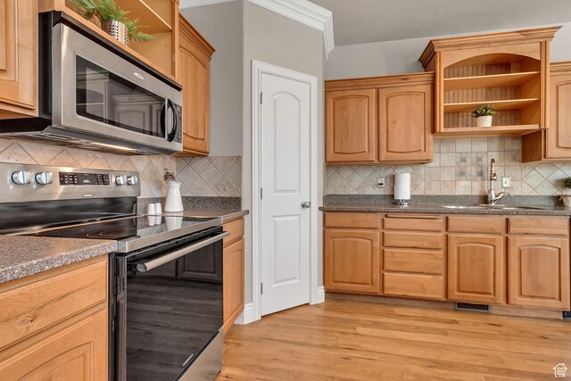 6861 S Triumph Ln, West Jordan, UT 84084 - kitchen featuring stainless steel appliances, a sink, open shelves, and light wood-type flooring
