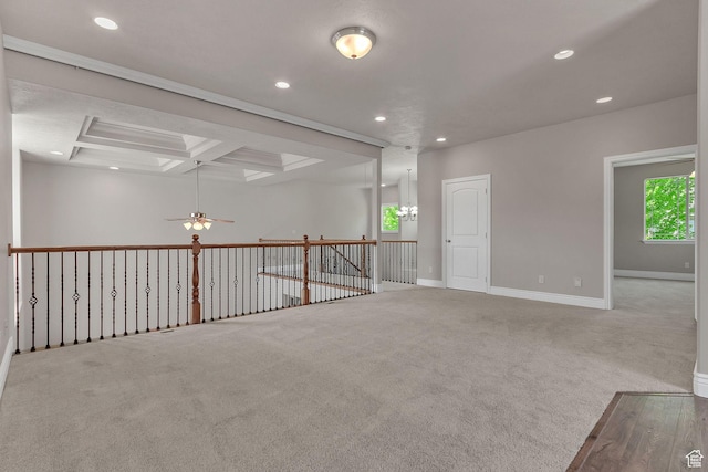 6861 S Triumph Ln, West Jordan, UT 84084 - carpeted spare room featuring a ceiling fan, recessed lighting, healthy amount of natural light, baseboards, and coffered ceiling