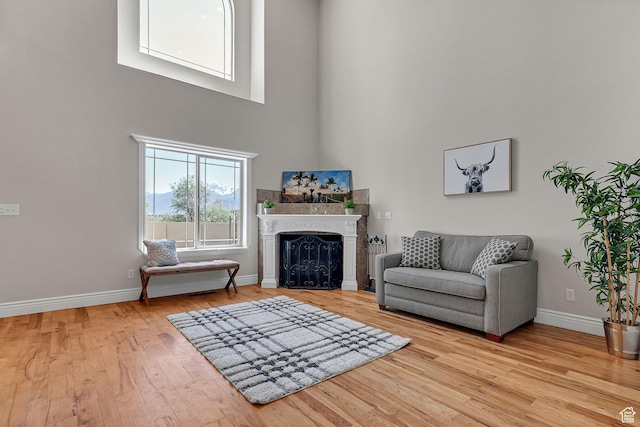 6861 S Triumph Ln, West Jordan, UT 84084 - living area featuring a high ceiling, light wood-type flooring, a fireplace, and baseboards
