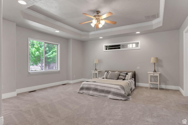 6861 S Triumph Ln, West Jordan, UT 84084 - carpeted bedroom with a raised ceiling, crown molding, baseboards, recessed lighting, and ceiling fan