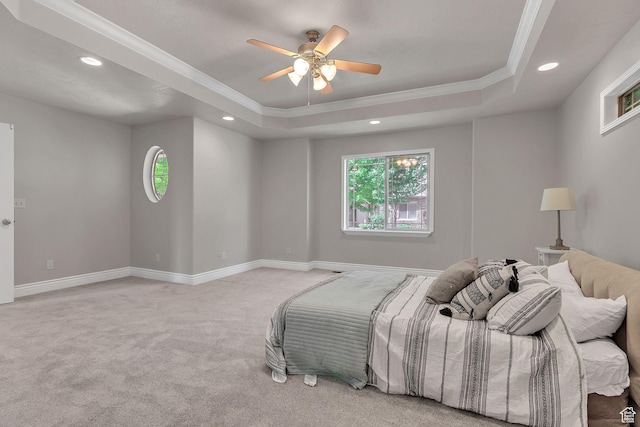 6861 S Triumph Ln, West Jordan, UT 84084 - bedroom with crown molding, a raised ceiling, carpet floors, recessed lighting, and ceiling fan