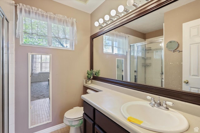 799 Country Club Dr, Stansbury Park, UT 84074 - bathroom with toilet, a stall shower, vanity, and plenty of natural light