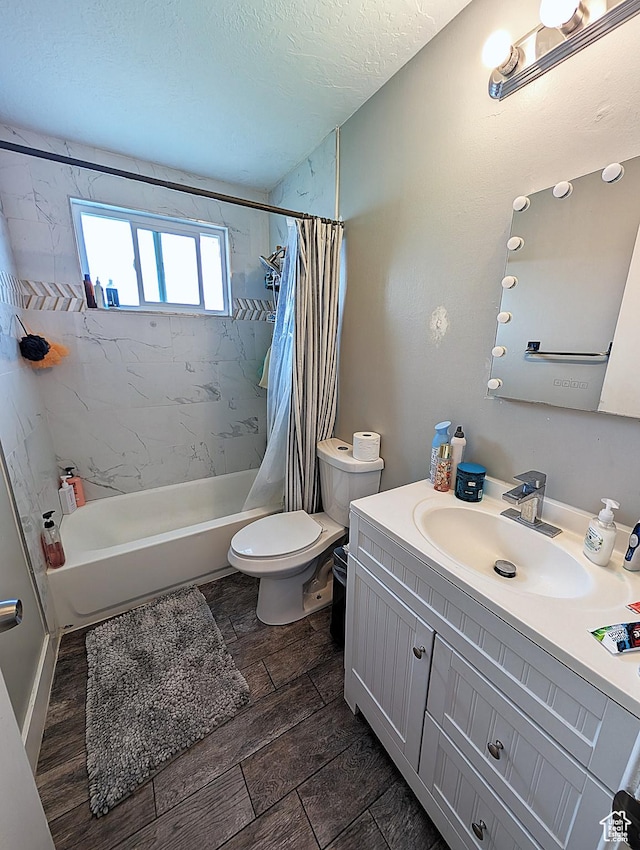 4635 W Eskesen Dr S, West Valley City, UT 84120 - bathroom featuring toilet, a textured ceiling, shower / bathtub combination with curtain, and vanity