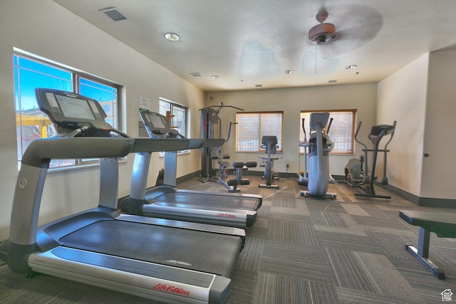 5519 N Lillehammer Ln Unit 1201, Park City, UT 84098 - exercise room with baseboards, visible vents, a ceiling fan, and carpet