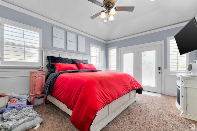 2277 W 900 N, Lehi, UT 84043 - bedroom with ornamental molding, access to exterior, ceiling fan, and light colored carpet