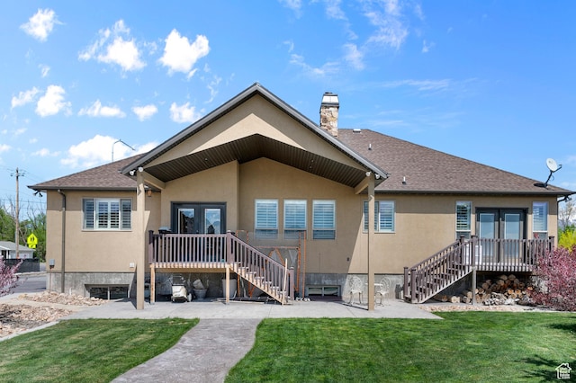 2277 W 900 N, Lehi, UT 84043 - rear view of house featuring a lawn, stairs, a chimney, stucco siding, and french doors