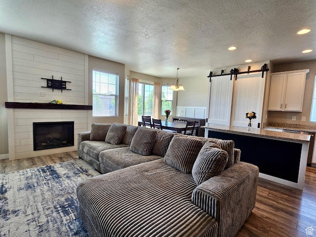 1013 W 90 S, Spanish Fork, UT 84660 - living area with wood finished floors, recessed lighting, a textured ceiling, a barn door, and a fireplace