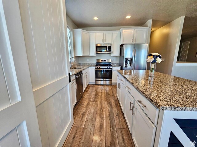 1013 W 90 S, Spanish Fork, UT 84660 - kitchen with appliances with stainless steel finishes, a sink, wood finished floors, light stone countertops, and white cabinetry