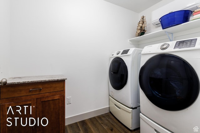 442 E Depot St Unit 107, Clearfield, UT 84015 - laundry area featuring dark wood-style floors, baseboards, laundry area, and washer and clothes dryer