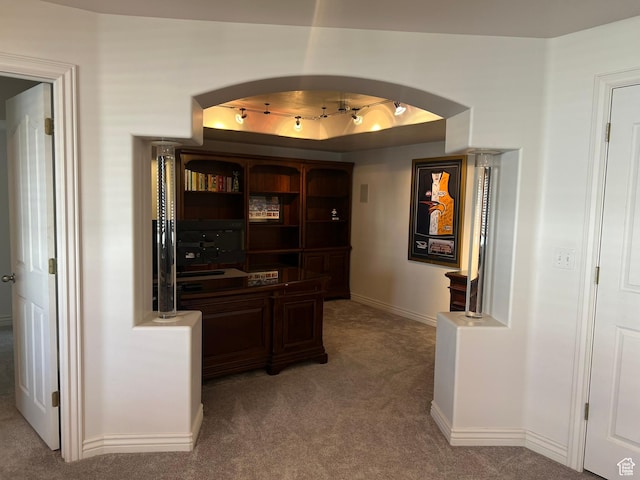 1307 E Brandy Ln S, Tooele, UT 84074 - hall featuring baseboards, a raised ceiling, arched walkways, and carpet flooring