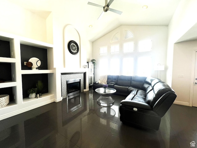 1307 E Brandy Ln S, Tooele, UT 84074 - living room with baseboards, a tile fireplace, high vaulted ceiling, a ceiling fan, and built in features