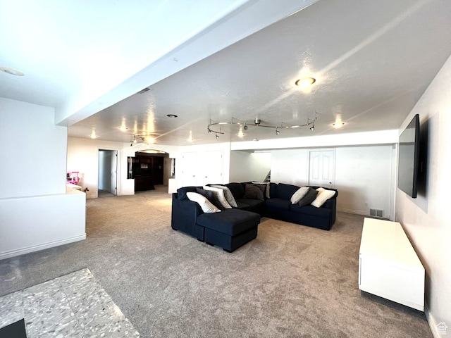 1307 E Brandy Ln S, Tooele, UT 84074 - living area with rail lighting, visible vents, carpet flooring, and arched walkways