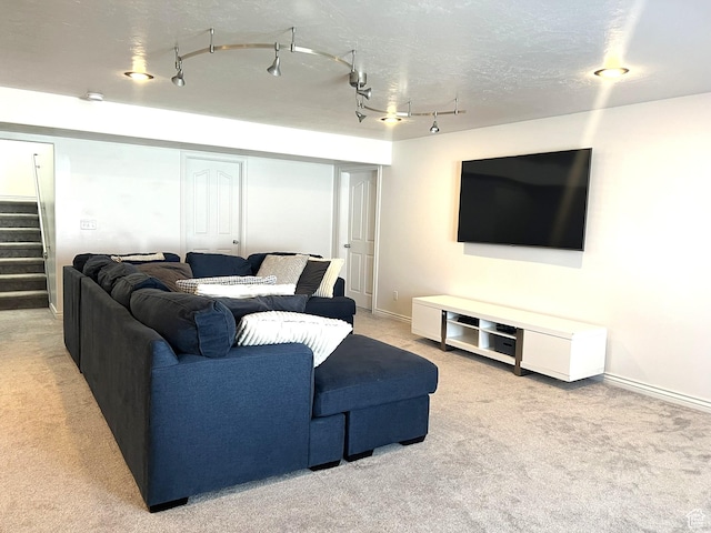1307 E Brandy Ln S, Tooele, UT 84074 - carpeted living area with track lighting, baseboards, and stairs