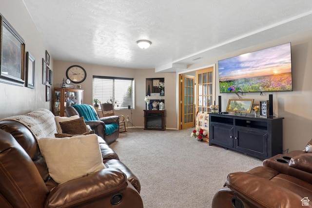 5036 W Cedar Point Peak Dr, Riverton, UT 84096 - living area featuring a textured ceiling, baseboards, and light carpet