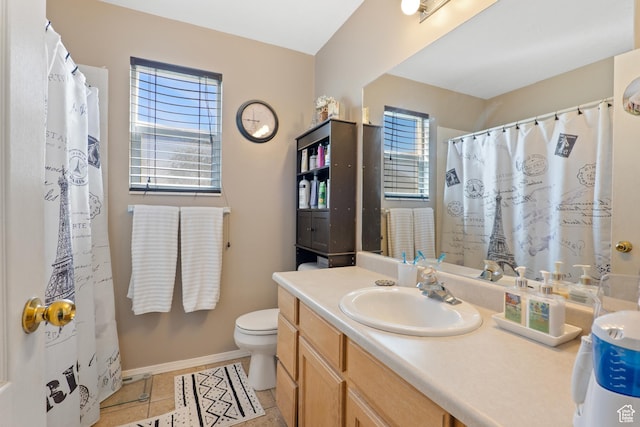5036 W Cedar Point Peak Dr, Riverton, UT 84096 - bathroom with a shower with shower curtain, baseboards, toilet, vanity, and tile patterned flooring