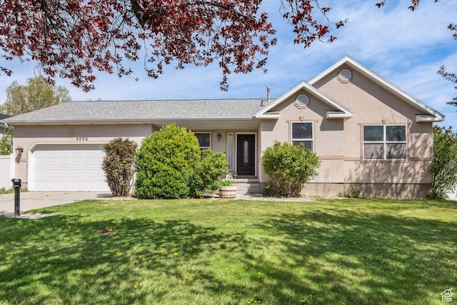 ranch-style house with a front yard, a garage, stucco siding, and concrete driveway