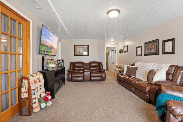 5036 W Cedar Point Peak Dr, Riverton, UT 84096 - carpeted living room with a textured ceiling and visible vents