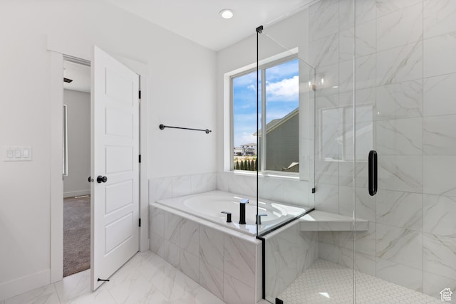 1107 S 4475 W, West Point, UT 84015 - bathroom featuring marble look tile flooring, a garden tub, and a marble finish shower