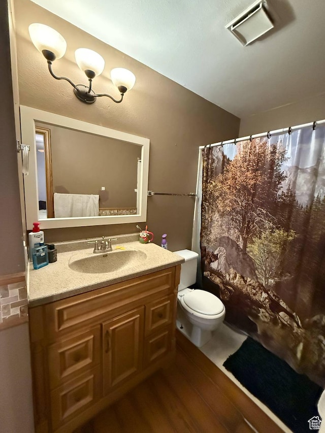 35 E 970 N, Castle Dale, UT 84513 - bathroom with vanity, toilet, visible vents, wood finished floors, and a shower with shower curtain