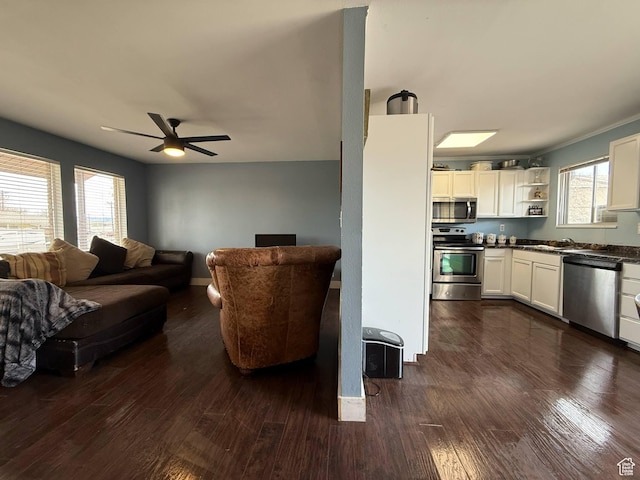 35 E 970 N, Castle Dale, UT 84513 - living room with baseboards, ceiling fan, and dark wood-type flooring