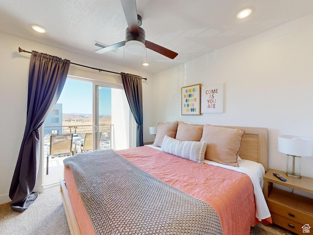 5399 S Cerulean Ln Unit 98, St George, UT 84790 - bedroom featuring recessed lighting, light colored carpet, access to outside, ceiling fan, and visible vents