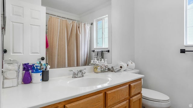 450 E Waterford Way, Midvale, UT 84047 - bathroom featuring ornamental molding, toilet, a shower with shower curtain, and vanity