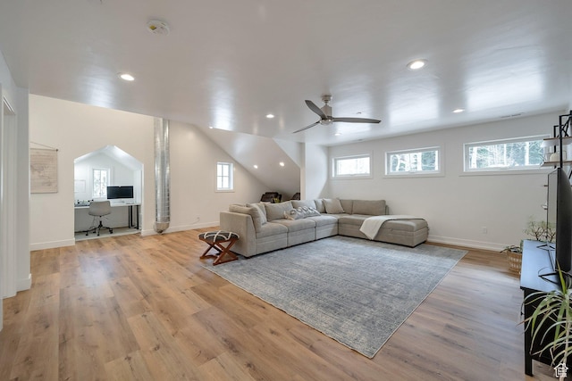 4460 Fawn Way Unit 2039, Heber City, UT 84032 - living room featuring recessed lighting, a ceiling fan, light wood-style flooring, and arched walkways