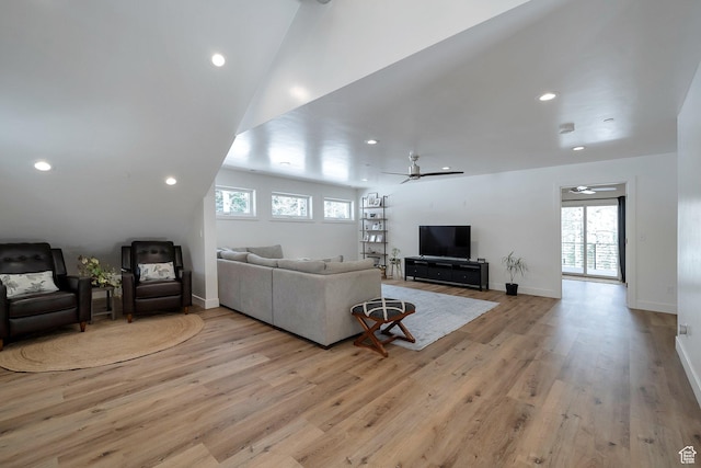 4460 Fawn Way Unit 2039, Heber City, UT 84032 - living area featuring ceiling fan, plenty of natural light, light wood-style flooring, and lofted ceiling