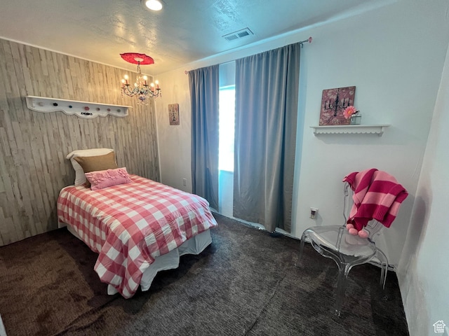 864 E 180 N, Salem, UT 84653 - bedroom featuring a chandelier, wood walls, visible vents, and carpet floors