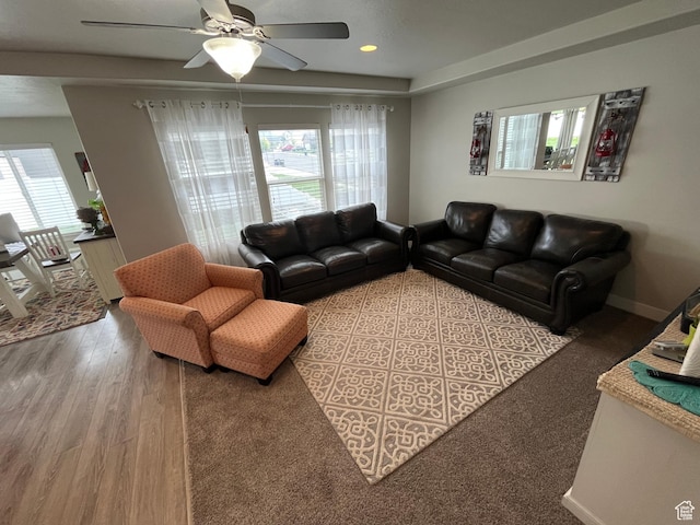864 E 180 N, Salem, UT 84653 - living room featuring a ceiling fan, wood finished floors, a healthy amount of sunlight, and recessed lighting
