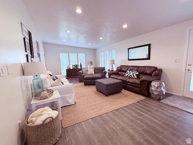 1705 S Bear Lake Blvd, Garden City, UT 84028 - living area with baseboards, a textured ceiling, recessed lighting, and wood finished floors